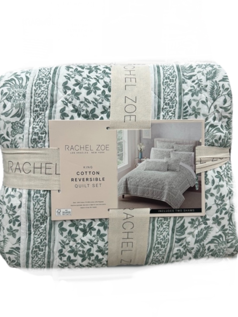 Rachel Zoe Green and White King Cotton Reversible Floral Quilt Set 106”x92”